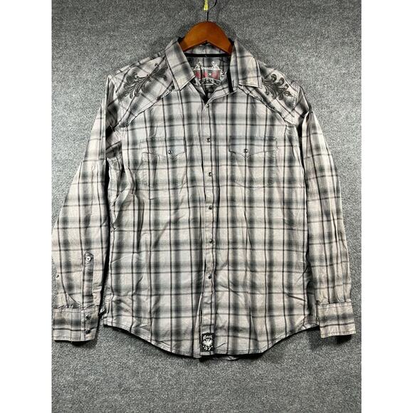 Rock 47 Pearl Snap Shirt Men's Large Gray Plaid Long Sleeve 100% Cotton Western - Picture 1 of 13